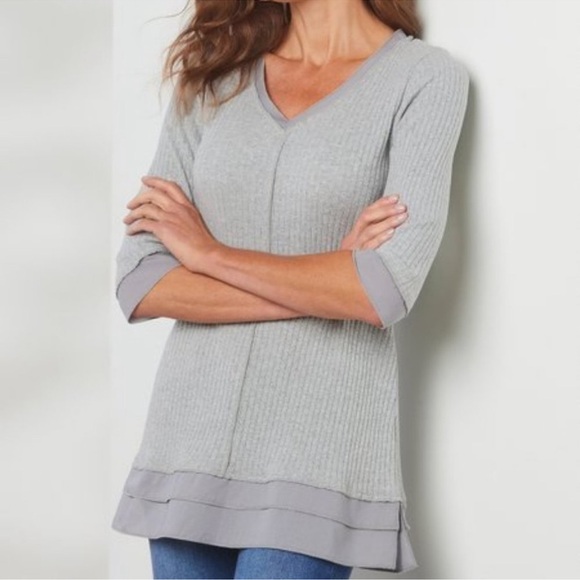 Surroundings Kanyin Gray V-Neck 3/4 Sleeve Stretch Cotton Tunic Top L - Picture 2 of 8